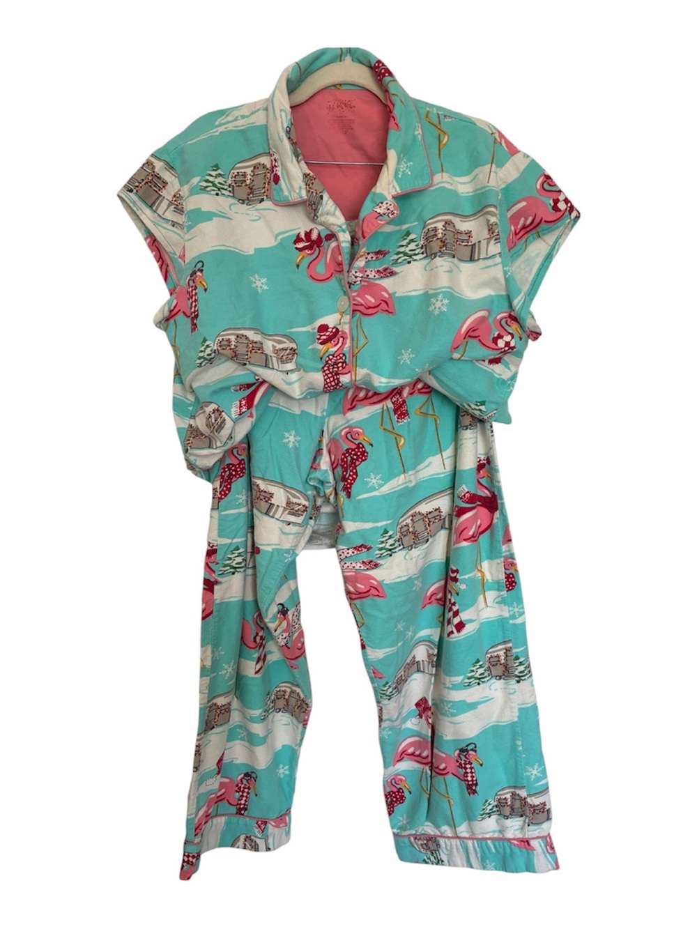 Nick & Nora Turquoise Flamingo Airstream holiday Pajama pants Set sz XXL Altered